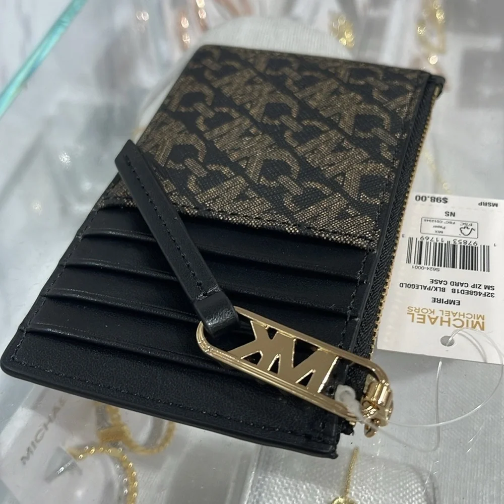 Michael Kors Empire Small Metallic Card Case COLOR BLACK/PALE GOLD NWT
